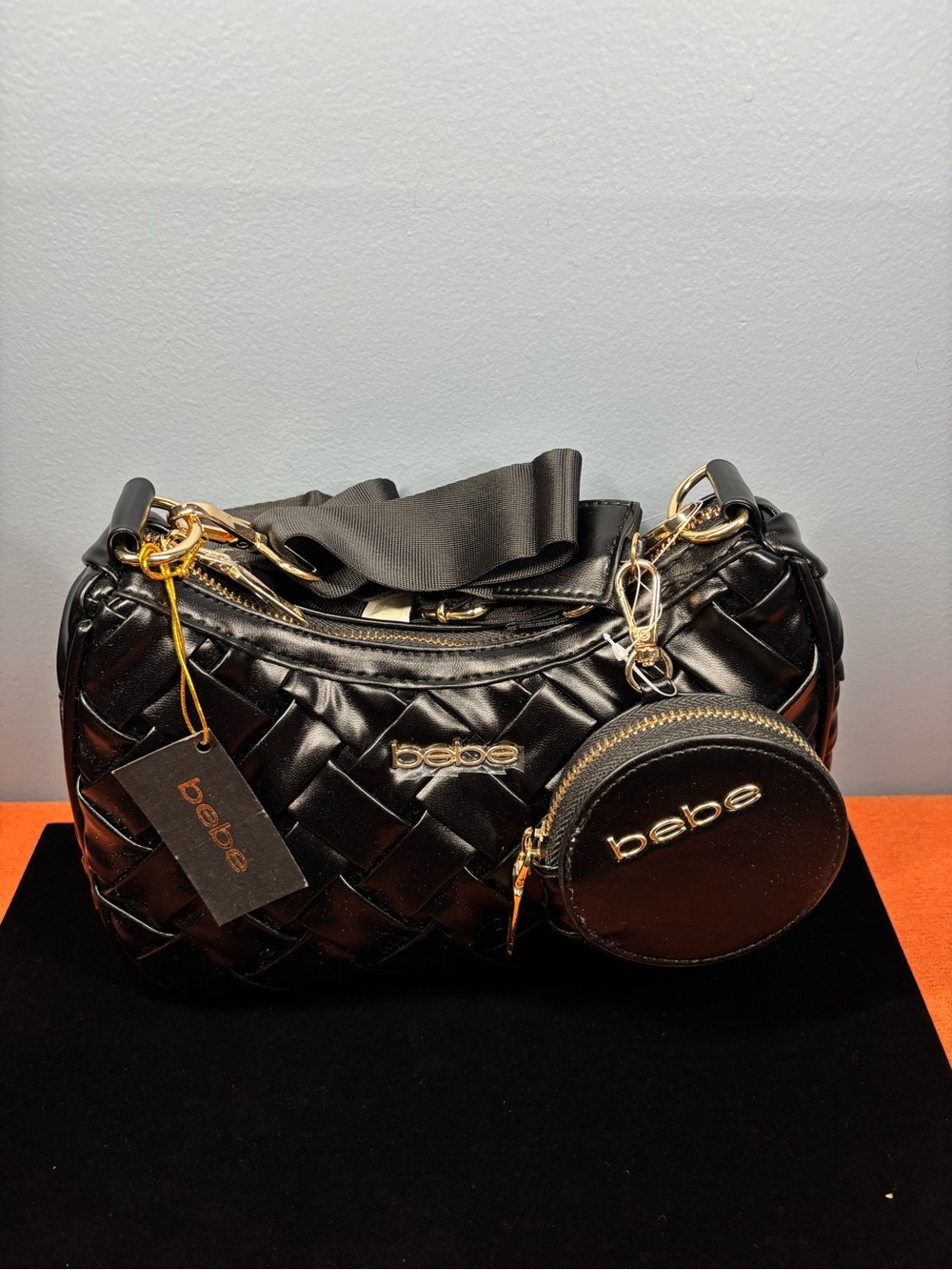 bebe Luca Black  Crossbody Woven Bag with Coin Pouch